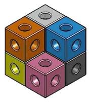 A drawing shows seven toy snap cubes of equal size snapped together to compose a bigger cube with one corner cube missing.