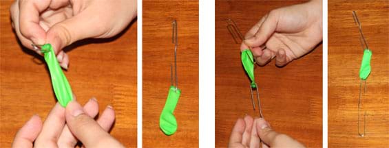 In a series of four photos, two hands hold an un-inflated balloon while puncturing the open end of it with an opened wire paper clip hook to attach the paper clip to the balloon. Then the hands use a second opened wire paper clip hook to puncture and attach it to the other end of the balloon. The result is a balloon with an opened wire paper clip attached to each opposite end. 