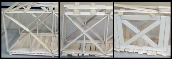 Three photos of connecting Popsicle sticks to form truss sides. The first is the butt joint, where the Popsicle sticks are perpendicular to each other. The second is the notched joint, where sticks are notched to receive each other. The third is overlapping, where the sticks are simply attached by overlapping the ends.