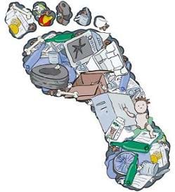 A drawing of a footprint filled with trash, including recyclable/reusable items.