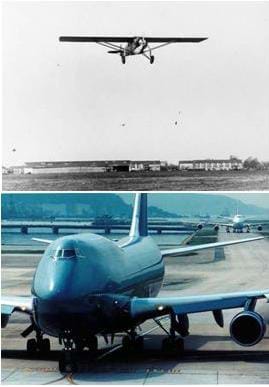 Two photographs of airplanes: Charles Lindbergh's first airplane in flight, circa 1927. A modern-day Boeing 747.