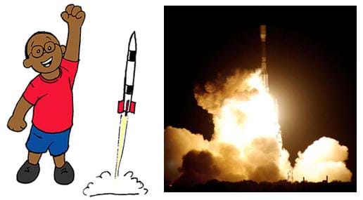 Two images: A drawing of a small boy cheering as his model rocket launches.  A photograph at night shows a rocket blasting off amidst clouds of exhaust and plumes of fire (due to the rocket's ignited fuel).