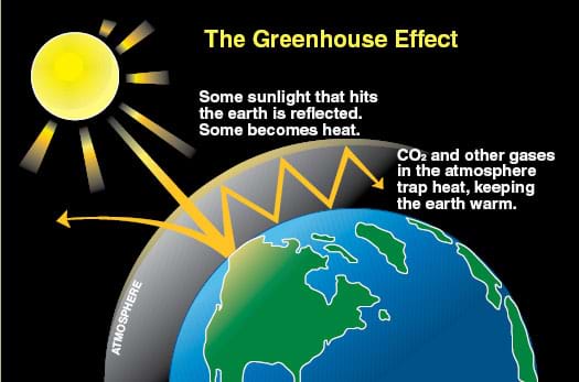 A drawing explaining the role of sunlight and carbon dioxide and other gases in this effect. Some sunlight that hits the earth is reflected. Some becomes heat. CO2 and other gases in the atmosphere trap heat, keeping the planet warm.