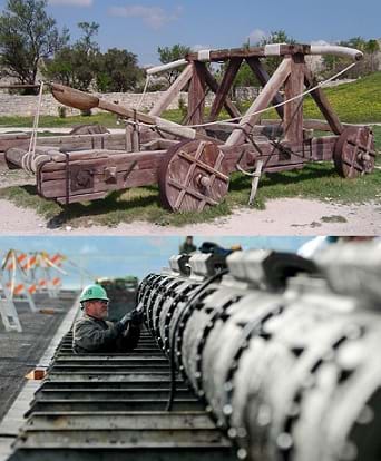 Two photos: A wooden catapult similar to those from the Middle Ages. A man cleans a steam-powered catapult on an aircraft carrier that is used to launch planes.