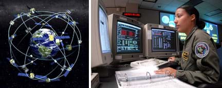 Two images: A diagram shows GPS satellites orbiting the Earth. A woman in a uniform sits at a desk with three monitors and a notebook open in front of her.