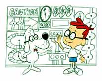 A nerdy boy and his nerdy dog stand in front of a contraption with buttons and dials.