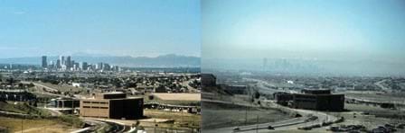 Two photographs depict the difference in air visibility due to high levels of smog. On the hazy day, the city skyline is barely visible.