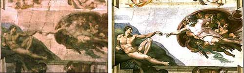 Two photos: A ceiling painting is murky and dark. After cleaning, the same painting is bright, crisp and clear.