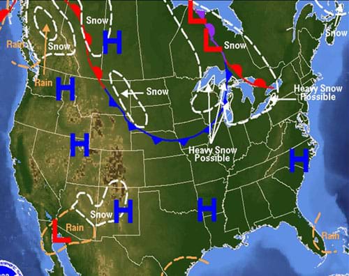 A map of North America with overlaid symbols such as dashed lines, Hs (high pressure), Ls (low pressure), snow, rain, and lines with triangles or bumps. The symbols indicate low-pressure zones in the midwestern U.S. and western Mexico, and a high pressure zone in central northern Canada. 