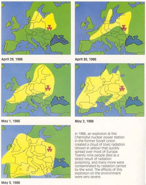In five maps, a yellow area indicates the expanding radiation movement over Europe over five consecutive days, with Chernobyl marked by a red three-triangle symbol.