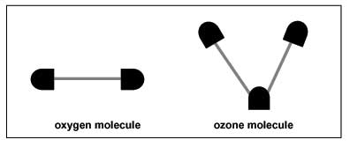 Diagram showing a gumdrop at each end of a toothpick for the oxygen molecule, and three gum drops at the ends and "V" of two toothpicks.