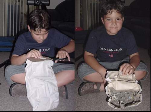 Photos show a student cutting open a vacuum cleaner bag and finding dirt trapped inside.