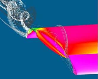 A colorful drawing shows a computer simulation of a wing moving through the air.  A vortex is extending off the edge of the wing, which demonstrates the induced drag at the tip of an aircraft wing.
