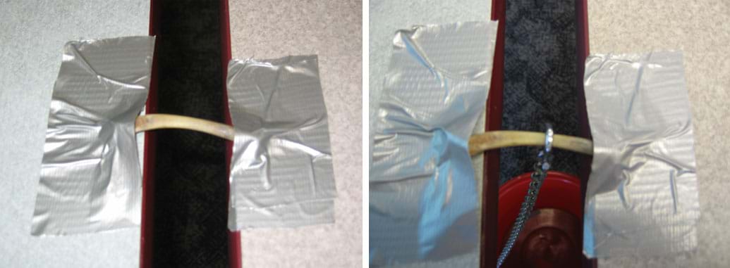 Two photos: (left) Duct tape secures each end of a bone to a tabletop. (right) The same set-up with an S-hook attached to the bone holds a chain that holds a bucket.