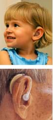 Two photos show a young girl and an older man, each wearing behind-the-ear hearing aids. 