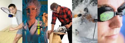 Five photos show people playing handball, working in a lab with chemicals, using a circular saw, skiing in deep snow and swimming – all wearing protective eyewear.