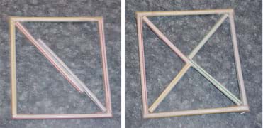 Two photographs. Left: A square shape made with drinking straws is divided into two triangles. Right: A square shape made with straws is divided into four triangles with an inner X shape.