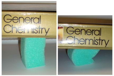 Two photos show a foam column (left) at full height, and (right) bent and compressed under the weight of a book.