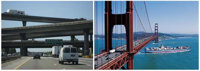Two photos: (left) View driving on a highway with three crossing viaducts visible above the roadway. (right) A barge floats under the cables and deck of the Golden Gate Bridge in San Francisco, CA.