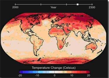 A color-coded map of the Earth's continents shows the predicted increases in temperatures from year 2000 to 2300.