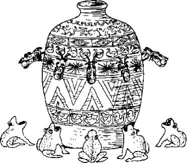 A black and white sketch of the first siesmoscope. Shown is an object that resembles an ornate vase with eight dragon heads coming out of the top of it, each with an open-mouthed toad beneath it at the base.