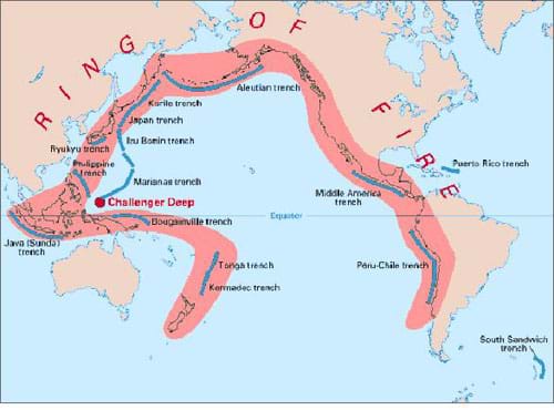 A map shows the Pacific Ocean and its surrounding continents with the area that is considered the Ring of Fire shaded in red.