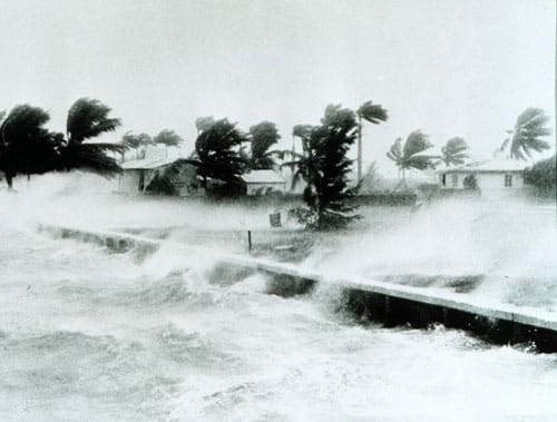 Photo shows heavy storm winds bending palm trees and blowing waves of ocean water over barriers and houses.