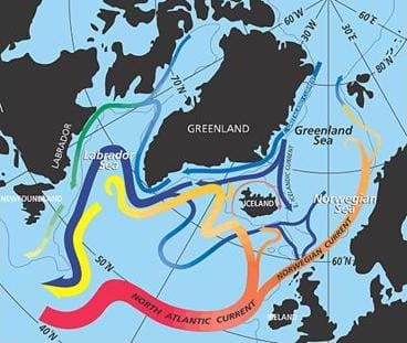 Drawing of the continents with the major ocean currents.