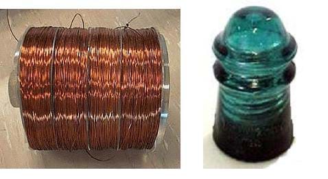 Two photographs. On the left is a large spool of copper wire. On the right, a green glass insulator is cylindrical in shape with a domed top.