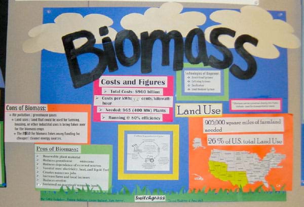 Poster includes benefits, costs, statistics and technologies of biomass energy.