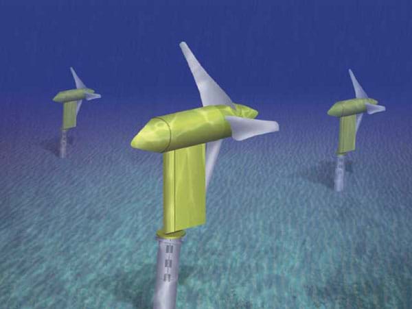 Generated image of three, three-pronged propeller turbines under water.