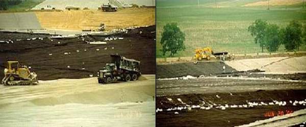Two photos show different views of heavy equipment (dump trucks, bulldozers) spreading a layer of sand over a big area of land. 