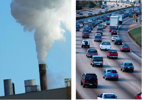 Two photos: (left) A factory producing tremendous amounts of smoke. (right) Heavy traffic during what appears to be "rush hour" on a major highway. 