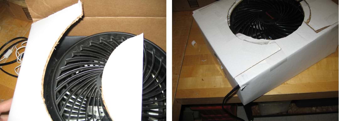 Two photos show (left) that extra cardboard was cut away, exposing only the front of the fan where air blows out. (right) Packing tape secures the flaps on the front of the cooler to one another, completely closing off the front of the cooler and only exposing the fan blade.