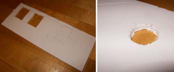 Two photos: (left) A rectangle of white foam core board representing the front façade of a house, with pencil marks for location of five windows with two of them cut out of the board. (right) A piece of white foam core board representing a ceiling, with a circular area removed.