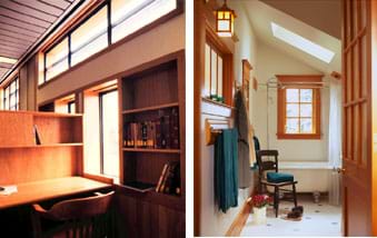 Two photos: (left) Side windows and a high row of upper windows throw much light on a desk area. (right) Side windows on two walls, plus a ceiling skylight brighten a tub and shower area.