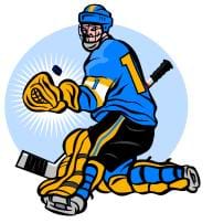 A drawing of a hockey player and his gear: glove, stick, helmet with chin guard, and shin, ankle and knee guards.