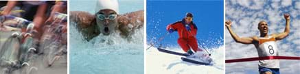 Four photos show athletes biking, swimming, skiing and running.