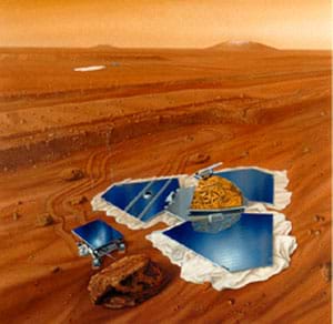 An artist's rendition of the 1997 Pathfinder Mission to Mars.  The Pathfinder lander collects energy and communicates with Earth, while the Sojourner rover investigates rocks.