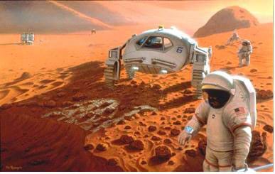 A conceptual drawing shows what a future manned mission to Mars might look like. A few humans in spacesuits with a Mars vehicle in the foreground doing experiments with a living habitat in the distant background.  