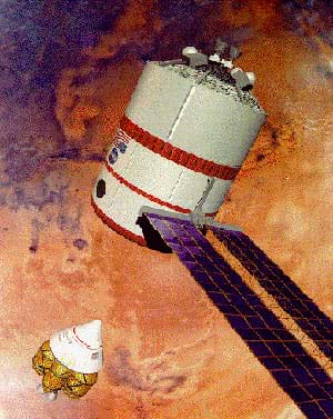 An artist's drawing shows a pointed capsule approaching a larger cylindrical station with side solar panels.