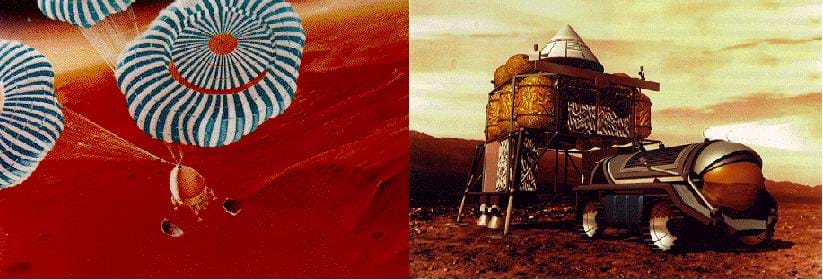 Two illustrations of human movement to/on Mars, the Red Planet:  A space vehicle drops via three striped parachutes onto the planet's surface. A vehicle on wheels moves over the surface of Mars.