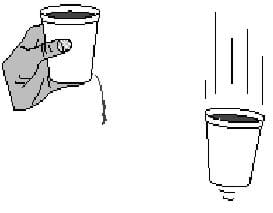 A simple line drawing shows a hand holding a cup full of a liquid with a dribble of liquid draining out of a hole in a cup. A second drawing shows the same cup full of liquid falling through the air, with no liquid draining out of the hole.