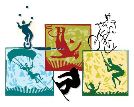 A composite of stylized drawings of snow boarding, biking, bungee jumping, parachuting, unicycle juggling and rope swinging.
