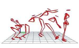 In simple lines representing a body and limbs, the essence of a figure moving across a grid is illustrated.