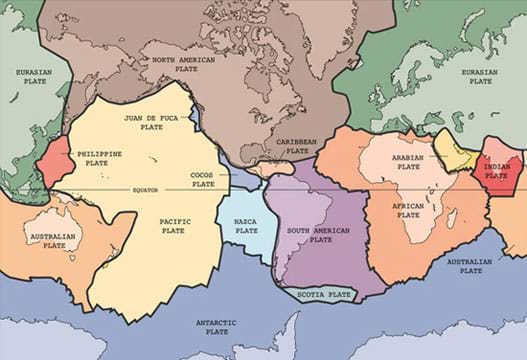 A map of the Earth with the tectonic plates outlined and labeled.