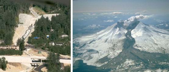 Two photos: (left) A concrete-covered hillside and enclosed stretch of highway. (right) Snow-covered mountain with a black river of debris pouring from the crater down the slope into the valley below.
