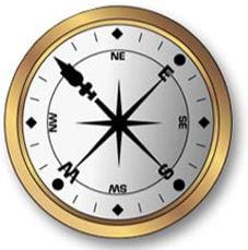 Drawing of a gold-rimmed compass, with its needle pointing to north.