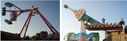 Photos show people on mechanical rides that swing from pivot points.