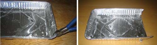 Two photos: (left) Wire cutters snipping a silver baking pan on the short end, (right) the same end flap folded entirely under the pan.